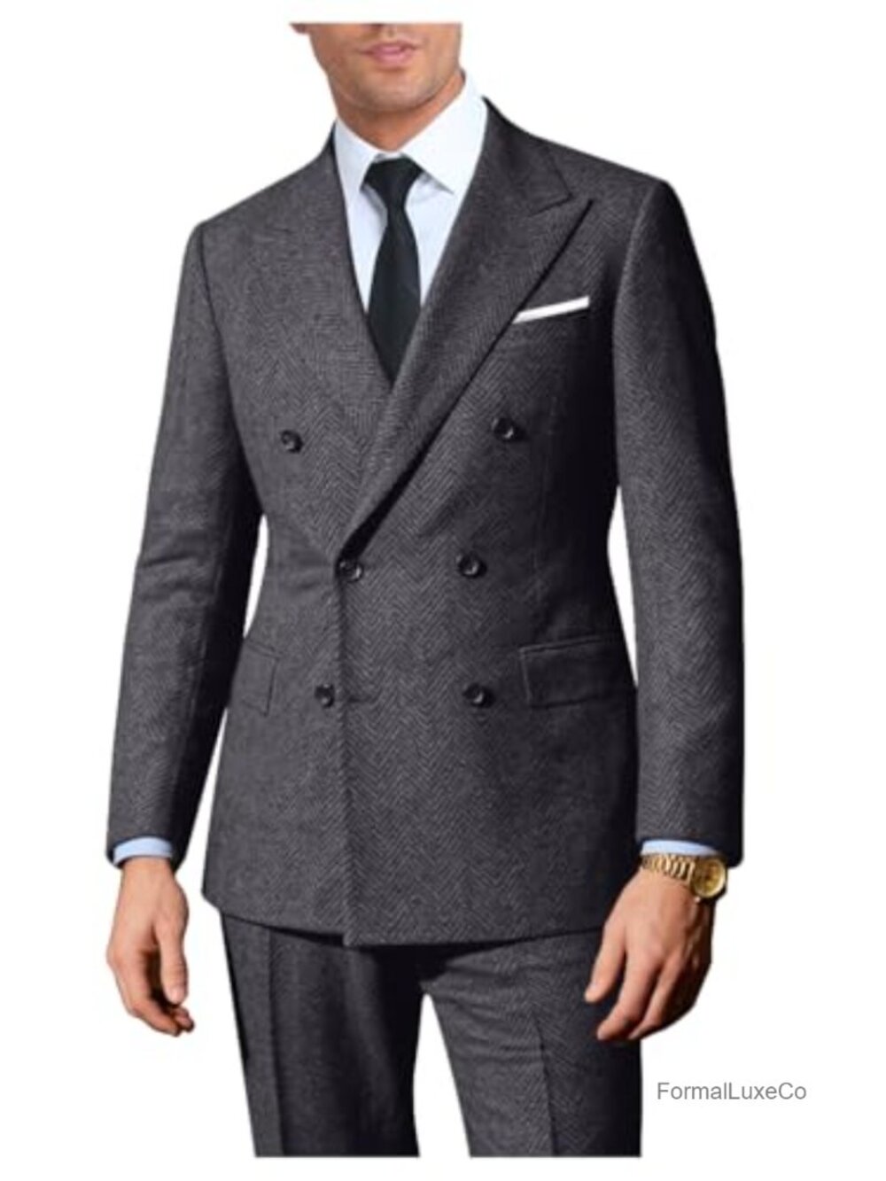 Retro 2-Piece Tweed Herringbone Tuxedo Jacket & Pants Men's Suit Set Double